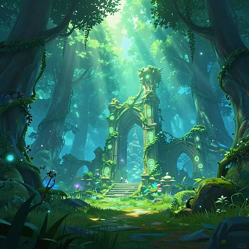 Fantastical forest scene with luminous, glowing ruins; sunlight beams through dense trees, illuminating moss-covered archways and vibrant, glowing plants.