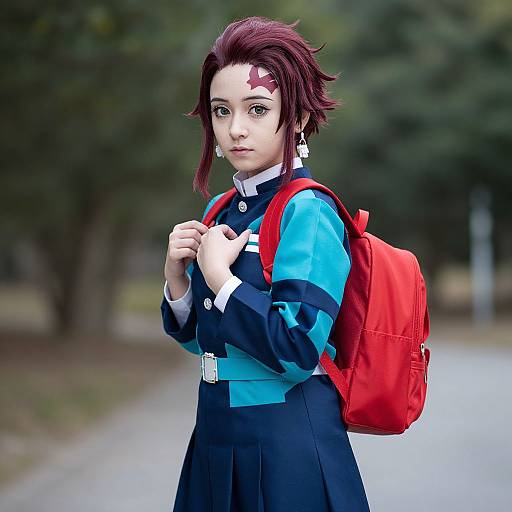 Digital anime-style artwork of a young girl with red hair, blue and black uniform, red backpack, white scar on forehead, standing in a blurred park