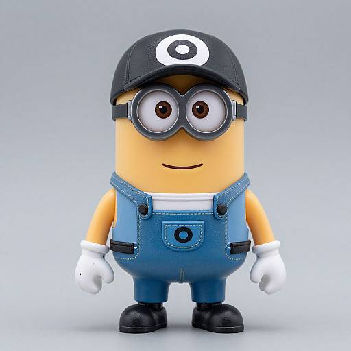 Photograph of a Minion-like toy with yellow skin, black baseball cap, goggles, blue overalls, white shirt, and white gloves.