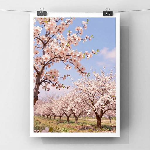 Photograph of cherry blossom trees in full bloom, with pink flowers, green grass, and a clear blue sky, displayed on a white frame clipped to