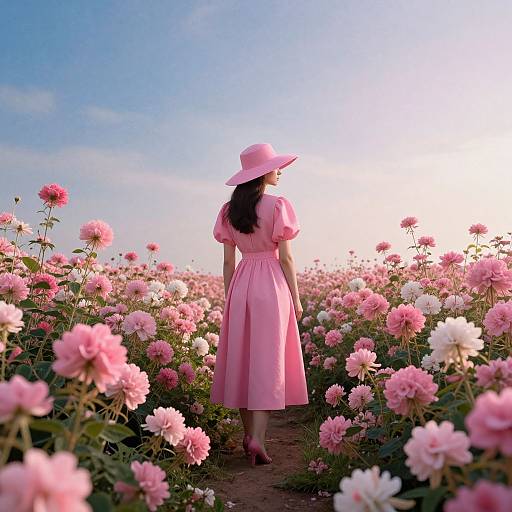 Photograph of a woman in a pink dress and hat, standing in a sunlit field of pink and white chrysanthemums, facing away