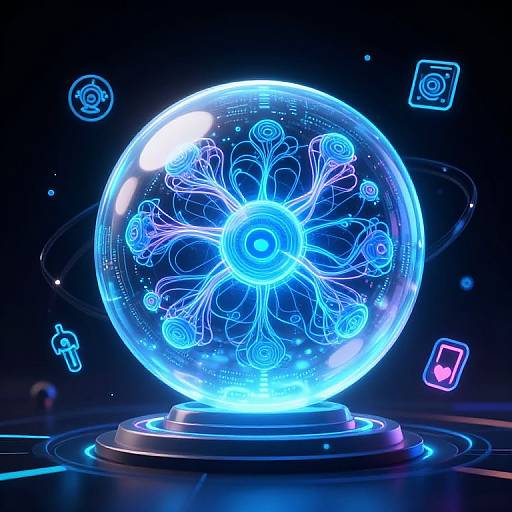 Glowing neon blue glass orb with intricate, bioluminescent, DNA-like patterns on a dark background, surrounded by floating circuit symbols. Digital