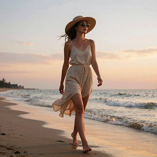 Photograph: Sunlit beach, woman in flowing white sundress and wide-brimmed hat, sunglasses, barefoot, walking along shoreline with gentle