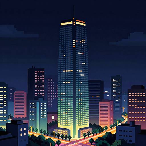 Pixelated Neon Seoul Skyline