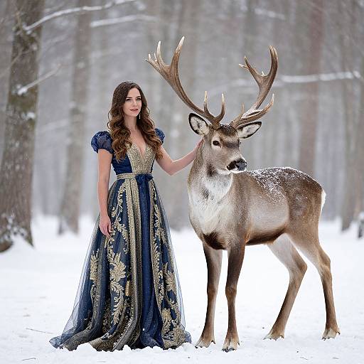 Photograph of a beautiful brunette woman in an ornate blue and gold gown, standing in a snowy forest, gently touching a large deer with impressive ant
