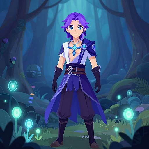 Digital anime-style artwork of a purple-haired, blue-eyed male adventurer in a mystical forest, wearing a white shirt, black gloves, and blue sash