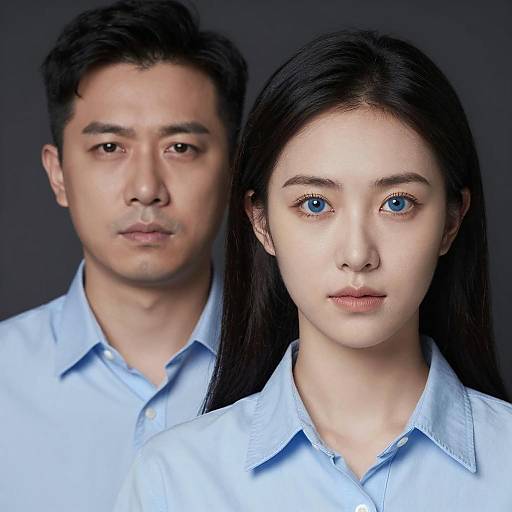Portrait of Asian Man and Woman in Blue Shirts