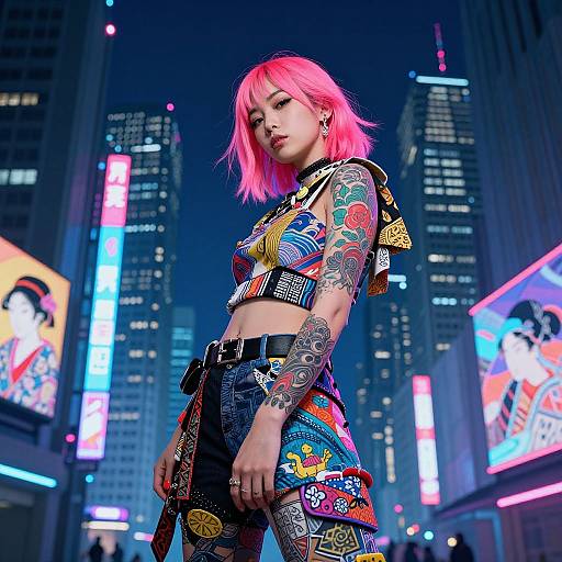 Photograph of a pink-haired woman with colorful tattoos, wearing a vibrant, patterned crop top and pants, standing in a neon-lit, futuristic