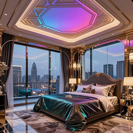 Luxurious modern bedroom with neon-lit octagonal ceiling, city skyline view, dark grey headboard, satin black and white bedding, marble floor,