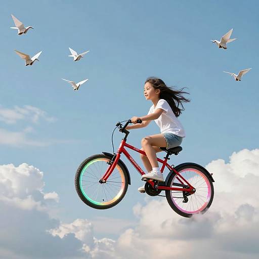Photograph of an Asian woman with long black hair, wearing a white t-shirt and blue shorts, riding a red bicycle mid-air, surrounded by white