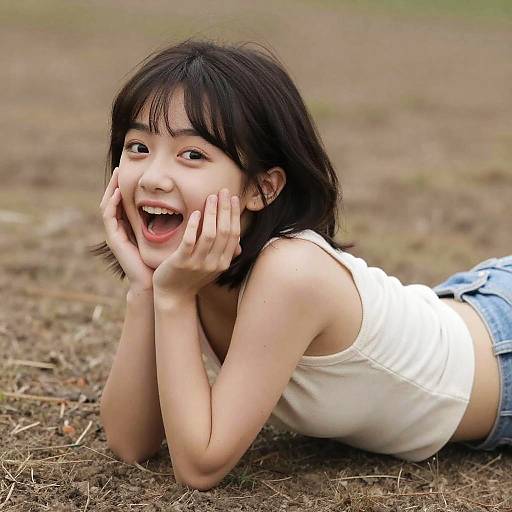 Photograph of a smiling Asian girl with short black hair, wearing a white tank top and blue jeans, lying on dry grass.