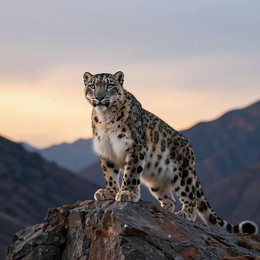 Photograph of a regal snow leopard with striking black spots, standing alert on a rocky peak against a twilight mountain backdrop.