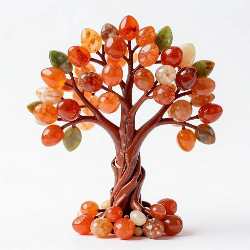 Photograph of a glass tree sculpture with twisted brown trunk, featuring colorful, translucent, oval-shaped leaves in red, orange, green, and yellow.