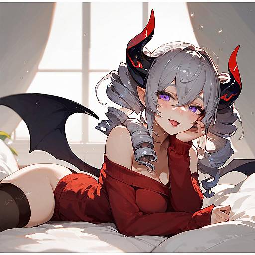 Anime-style digital drawing of a cute, purple-eyed demon girl with gray hair, black horns, and wings, lying on a bed in a red off