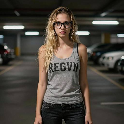 Photograph of a slender, blonde woman with long, wet-looking hair and black-framed glasses, wearing a gray 