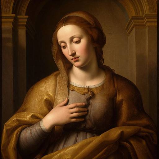 Renaissance-style oil painting of a serene, fair-skinned woman with brown hair, wearing a golden-brown embroidered robe, gently touching her chest