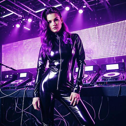 Confident DJ in Latex Catsuit with Purple Hair