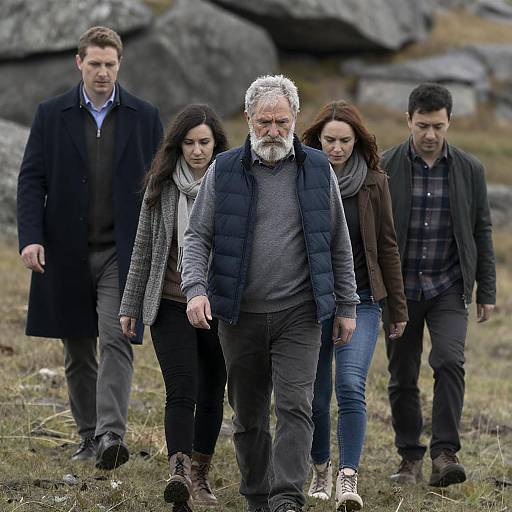 Five People Walking Outdoors on Rocky Terrain