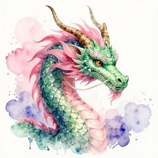 Watercolor dragon portrait with green scales, pink mane, and brown horns, blending into purple and blue splashes on a white background.