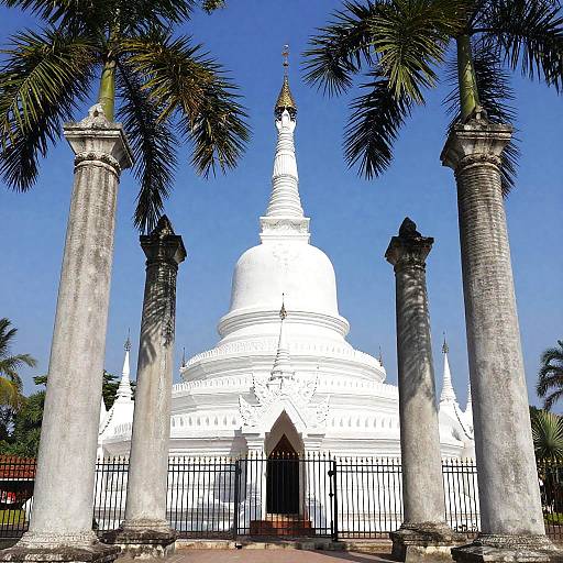 White Stupa Temple Amid Stone Columns