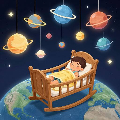 Digital illustration of a sleeping baby in a wooden crib, floating above Earth, surrounded by colorful, glowing planets and stars.