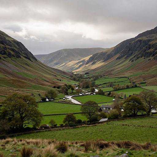 Photograph of a lush, green valley with rolling hills, scattered trees, and a small village nestled along a winding stream. Overcast sky with bright