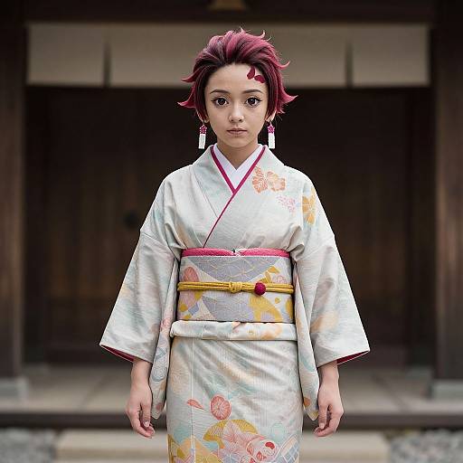 Digital art of an Asian woman with red hair, wearing a white floral kimono, red obi, and large earrings, standing in front of a