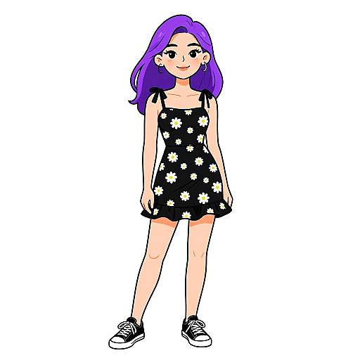Digital drawing of a purple-haired girl in a black floral dress and black sneakers, standing against a white background.