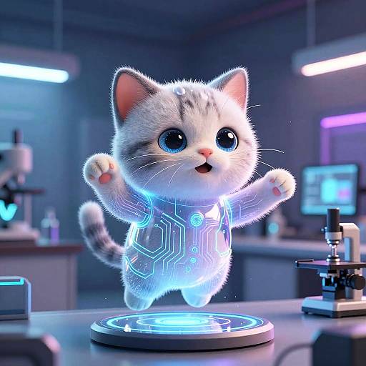 Cute Cat AI Hologram in Lab