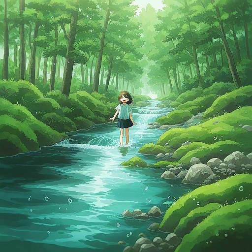 Child Playing in Mossy Forest Stream