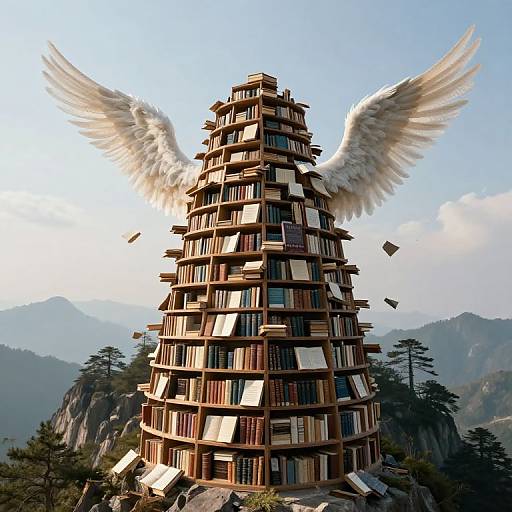 Fantastical, towering, wooden bookstack structure with white angel wings, set against mountainous, cloudy background, books flying around, surreal, digital