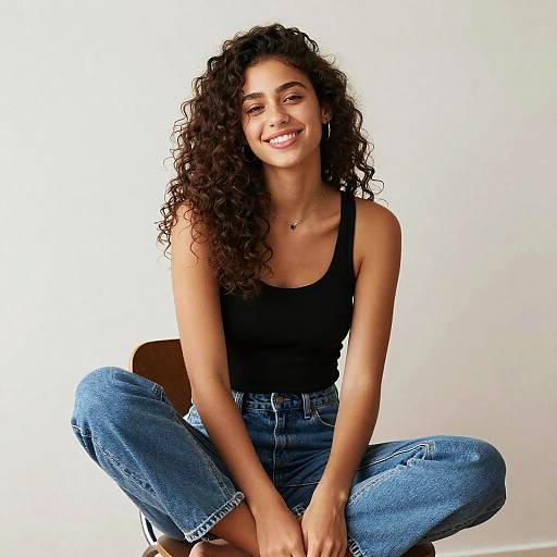 Photograph of a smiling young woman with curly brown hair, wearing a black tank top and blue jeans, sitting cross-legged against a white background.