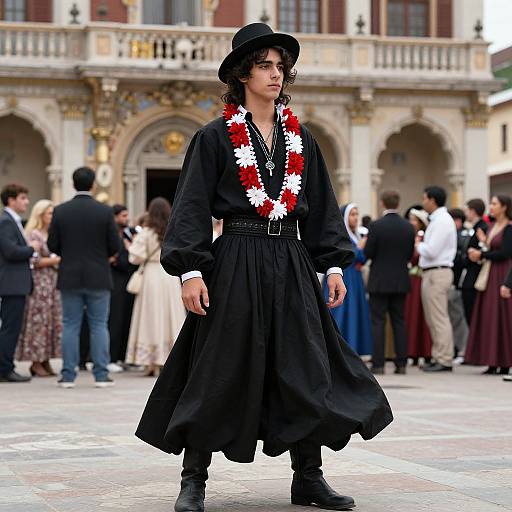 Photograph of a young man in a black outfit with a top hat and red-and-white flower garland, standing in a historic courtyard with a crowd