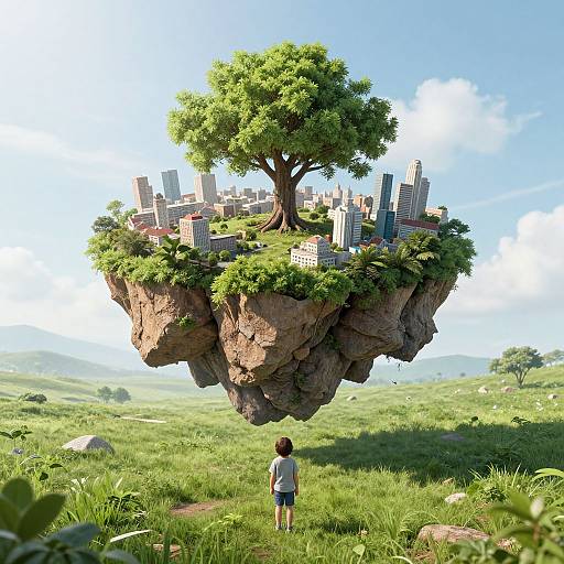 Digital art: A young child in a white shirt and blue shorts gazes at a floating rocky island with a lush tree and cityscape, set in