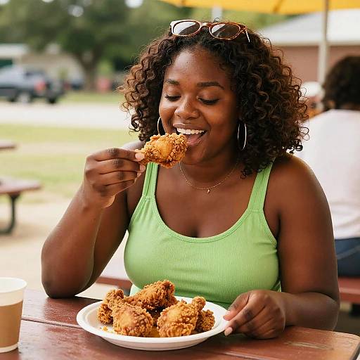 Photograph of a smiling, curly-haired Black woman in a green tank top, eating fried chicken from a white plate outdoors.