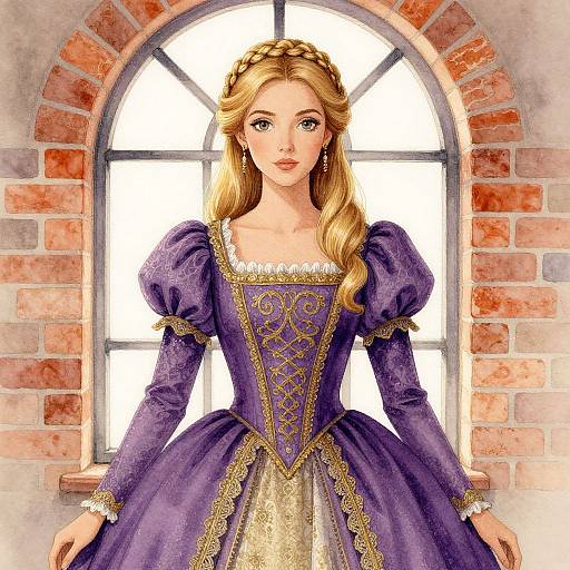 Medieval Woman in Purple Bustle Gown