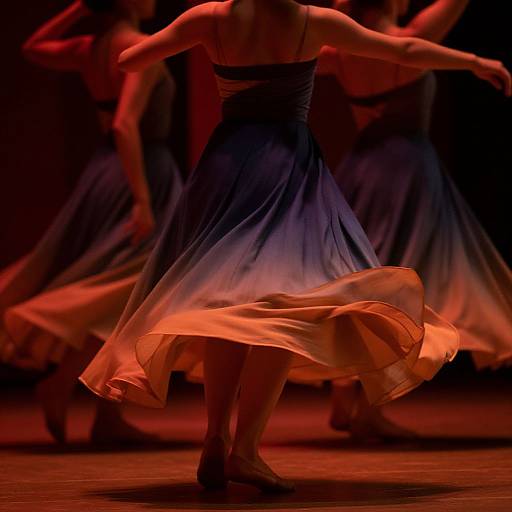 Photograph of dancers in flowing, gradient dresses from dark blue to orange, moving gracefully on a dimly lit stage, highlighted by warm stage lights.