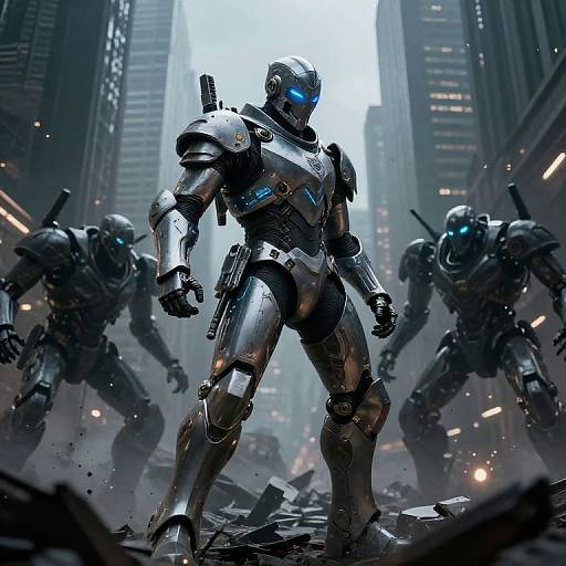 CGI sci-fi image of a blue-lit, armored robot standing confidently in a futuristic city street, flanked by three similar robots.