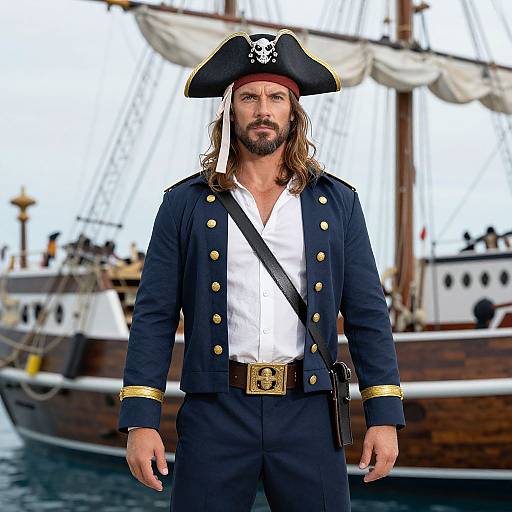 Photograph of a bearded man with long brown hair, wearing a black pirate hat with a skull, navy coat with gold buttons, white shirt,
