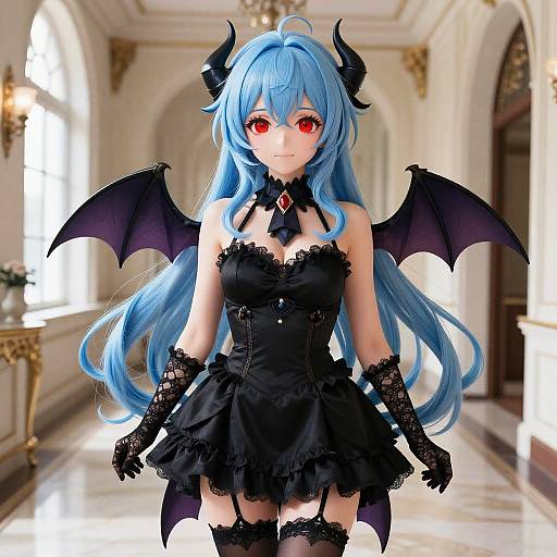 Blue-Haired Demoness in Elegant Hallway