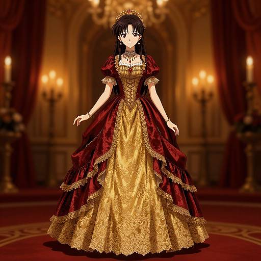Anime-style digital drawing of a fair-skinned woman with black hair, wearing an elaborate, gold and red, Victorian-style gown, standing in a warmly