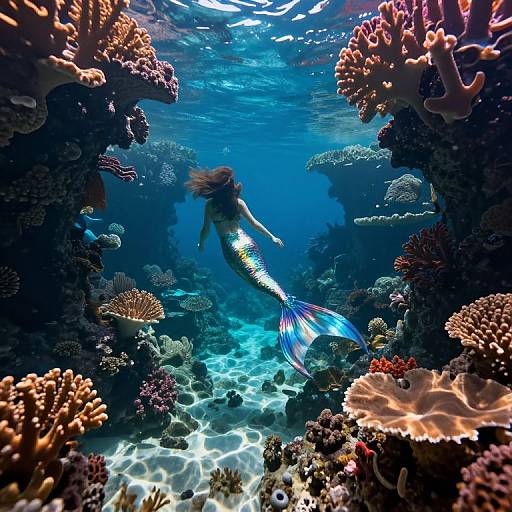 Photograph of a mermaid with a shimmering blue and purple tail, swimming through a vibrant, sunlit coral reef underwater.