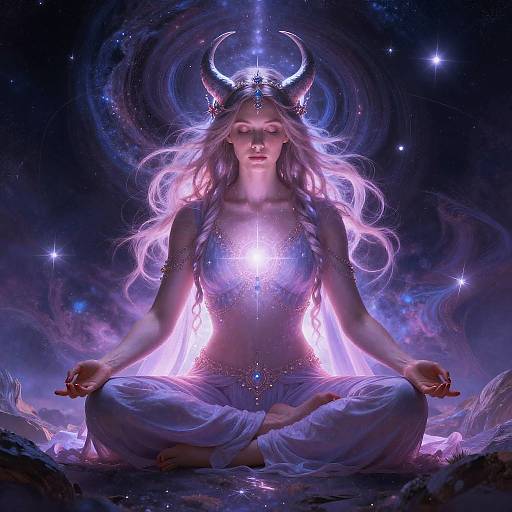 Digital art: Ethereal woman with glowing purple hair, horned headpiece, and white outfit meditates in cosmic space, surrounded by stars and light
