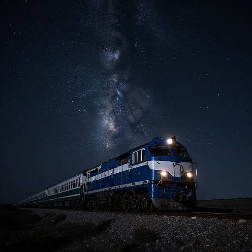 Photograph of a blue and white train at night, with the Milky Way visible in the star-filled sky above.
