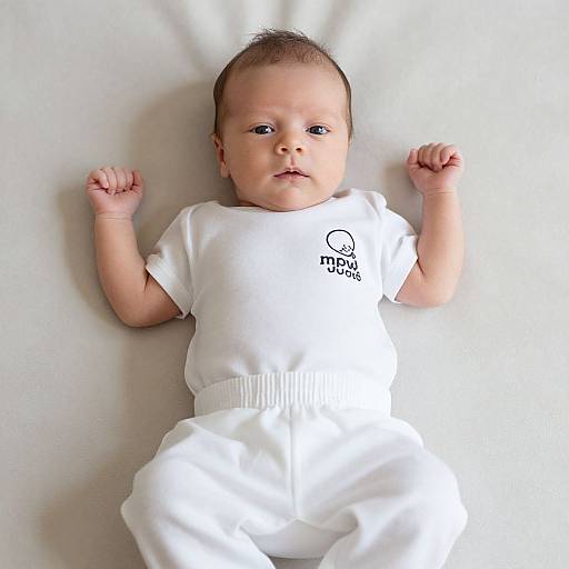 Photograph of a newborn baby with light skin, blue eyes, wearing a white onesie with 