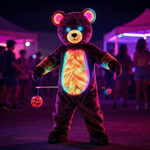 Photograph of a glowing, black bear costume with neon blue eyes, orange and green illuminated chest, in a dark, colorful festival setting with blurred attendees