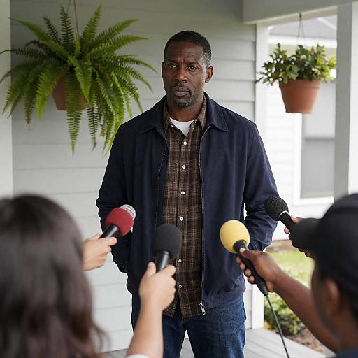 Serious Black Man on Porch with Reporters