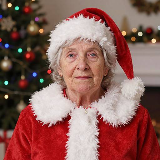 Photograph of an elderly white woman with gray hair, wearing a red Santa outfit with white fur trim, standing in front of a decorated Christmas tree and