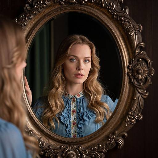 Photograph of a young woman with wavy blonde hair, blue eyes, and a blue, ruffled dress, reflected in an ornate, oval
