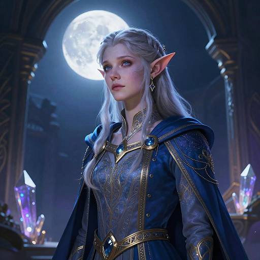 Digital artwork of a white-haired, blue-eyed elf woman with pointed ears, wearing ornate blue and gold armor, standing in a moonlit, crystal